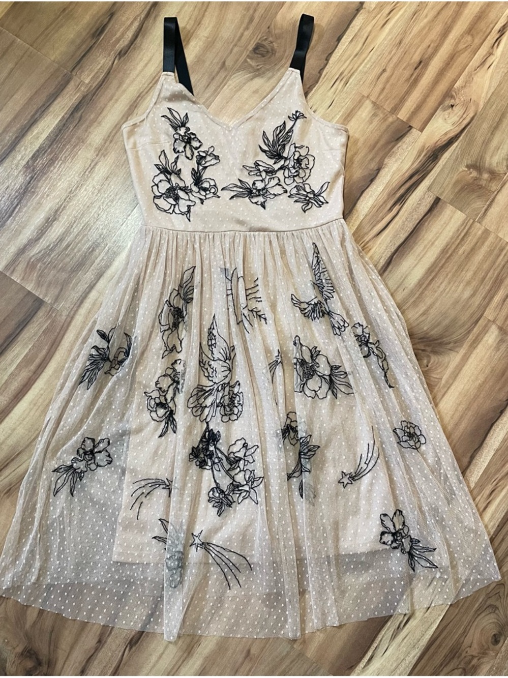 DEX Blush Pink & Black Tattoo Floral Embroidered Tulle Mesh Dress Sz S